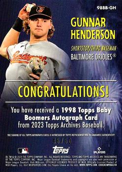 2023 Topps Archives - 1998 Topps Baby Boomers Autographs Gold Foil #98BB-GH Gunnar Henderson Back