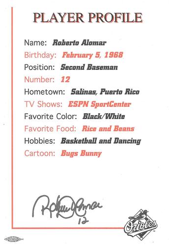 1998 Baltimore Orioles Photocards #NNO Roberto Alomar Back