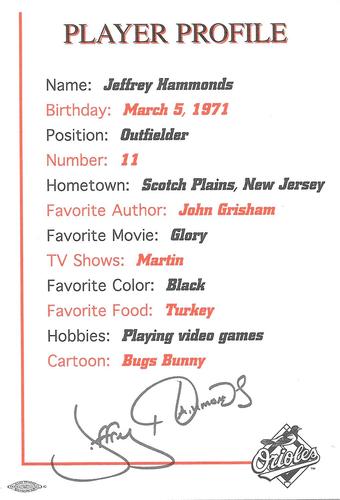 1998 Baltimore Orioles Photocards #NNO Jeffrey Hammonds Back