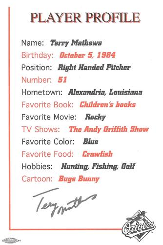 1998 Baltimore Orioles Photocards #NNO Terry Mathews Back