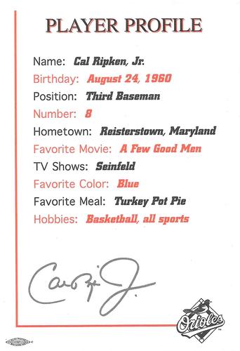 1998 Baltimore Orioles Photocards #NNO Cal Ripken Jr. Back