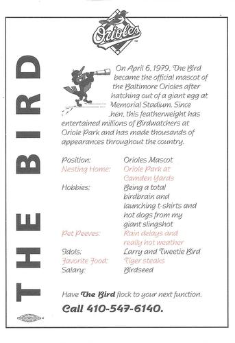 1998 Baltimore Orioles Photocards #NNO The Bird Back