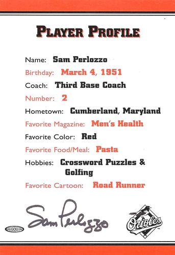 1999 Baltimore Orioles Photocards #NNO Sam Perlozzo Back