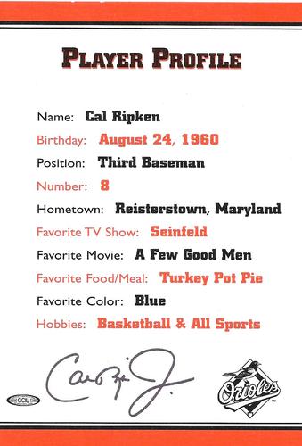 1999 Baltimore Orioles Photocards #NNO Cal Ripken Jr. Back