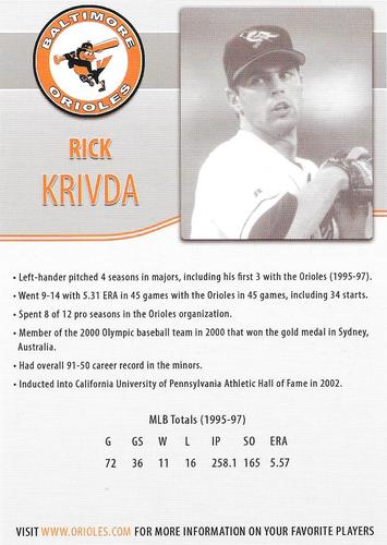 2014 Baltimore Orioles Alumni Photocards #NNO Rick Krivda Back