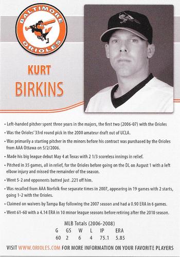 2016 Baltimore Orioles Alumni Photocards #NNO Kurt Birkins Back