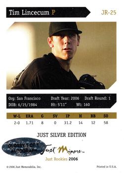 2006 Just Rookies - Autographs Glossy Silver #JR-25 Tim Lincecum Back