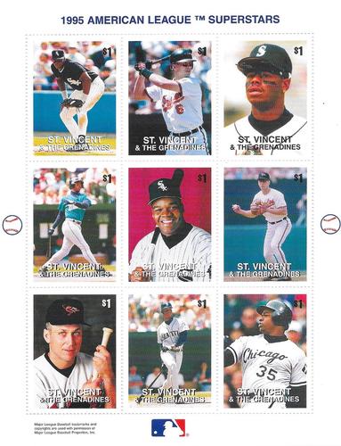 1995 St. Vincent American League Superstars Postage Stamps - Panels #NNO Ken Griffey Jr. / Cal Ripken Jr. / Frank Thomas Front