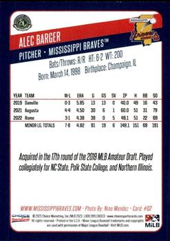 2023 Choice Mississippi Braves #02 Alec Barger Back