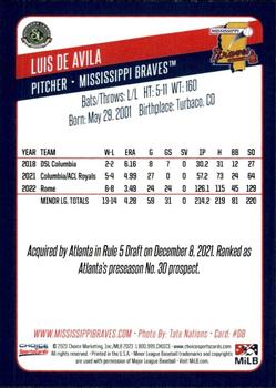 2023 Choice Mississippi Braves #08 Luis De Avila Back