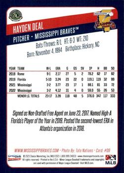 2023 Choice Mississippi Braves #09 Hayden Deal Back