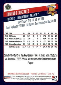 2023 Choice Mississippi Braves #12 Domingo Gonzalez Back