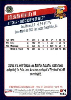 2023 Choice Mississippi Braves #15 Coleman Huntley III Back