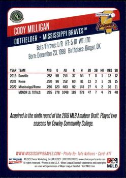 2023 Choice Mississippi Braves #17 Cody Milligan Back