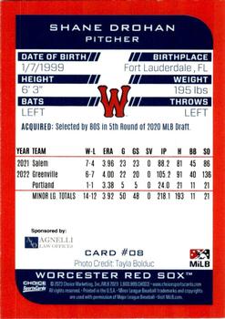 2023 Choice Worcester Red Sox Update #08 Shane Drohan Back