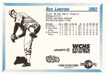 1993 Fleer ProCards West Virginia Wheelers SGA #2862 Rich Langford Back