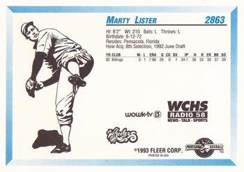 1993 Fleer ProCards West Virginia Wheelers SGA #2863 Marty Lister Back
