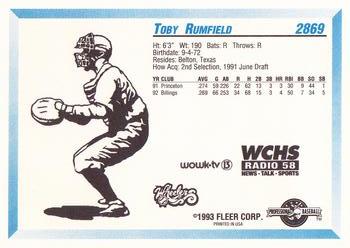 1993 Fleer ProCards West Virginia Wheelers SGA #2869 Toby Rumfield Back