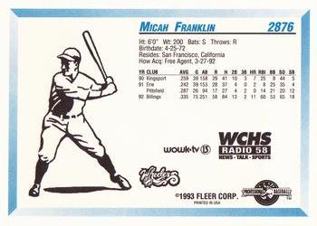 1993 Fleer ProCards West Virginia Wheelers SGA #2876 Micah Franklin Back