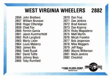 1993 Fleer ProCards West Virginia Wheelers SGA #2882 Checklist Back