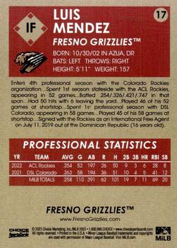 2023 Choice Fresno Grizzlies #17 Luis Mendez Back