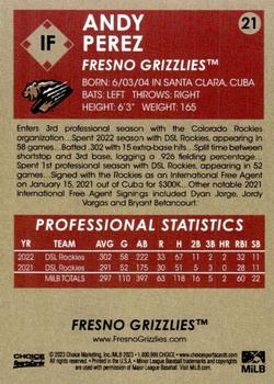 2023 Choice Fresno Grizzlies #21 Andy Perez Back