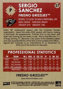 2023 Choice Fresno Grizzlies #27 Sergio Sanchez Back