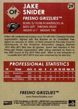 2023 Choice Fresno Grizzlies #29 Jake Snider Back