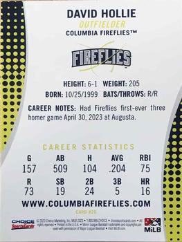 2023 Choice Columbia Fireflies #26 David Hollie Back