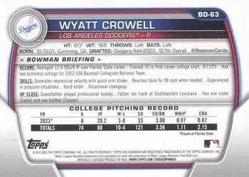 2023 Bowman Draft #BD-63 Wyatt Crowell Back