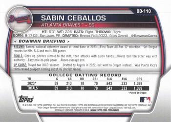 2023 Bowman Draft #BD-110 Sabin Ceballos Back
