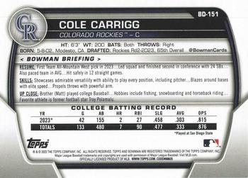 2023 Bowman Draft #BD-151 Cole Carrigg Back