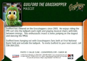 2023 Choice Greensboro Grasshoppers #40 Guilford the Grasshopper Back