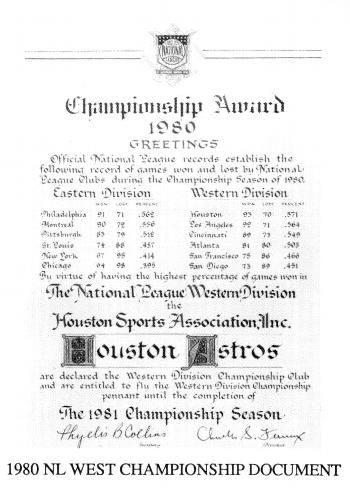 1987 Koppa Houston Astros Rainbow Jersey Orange Cap Era Commemorative Photocards Series 1 #NNO 1980 NL West Championship Document Front