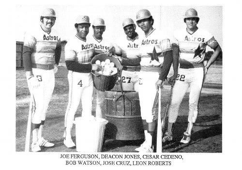 1987 Koppa Houston Astros Rainbow Jersey Orange Cap Era Commemorative Photocards Series 2 #NNO Joe Ferguson / Deacon Jones / Cesar Cedeno / Bob Watson / Jose Cruz / Leon Roberts Front