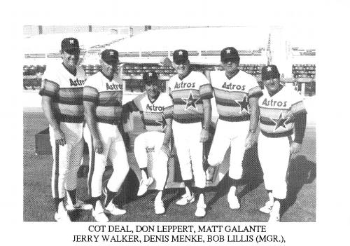 1987 Koppa Houston Astros Rainbow Jersey Orange Cap Era Commemorative Photocards Series 2 #NNO Cot Deal / Don Leppert / Bob Lillis / Jerry Walker / Denis Menke / Matt Galante Front