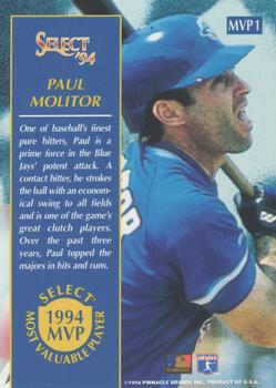 1994 Select #MVP1 Paul Molitor Back
