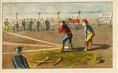 1880 Gold Medal Coffee Series Baseball Comics (H804-33) #NNO Batter, catcher, first baseman, wires in rear Front