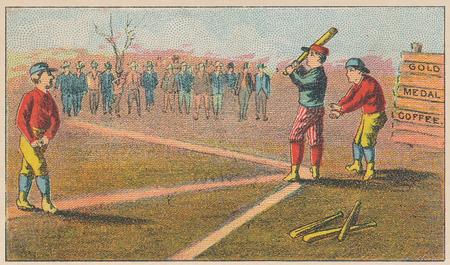 1880 Gold Medal Coffee Series Baseball Comics (H804-33) #NNO Pitcher, batter, catcher, three bats on ground Front