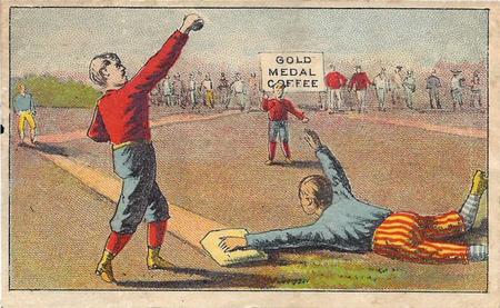 1880 Gold Medal Coffee Series Baseball Comics (H804-33) #NNO Sliding runner has left hand on 2nd base Front