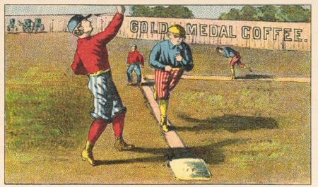 1880 Gold Medal Coffee Series Baseball Comics (H804-33) #NNO Two runners, two fielders, fence in rear Front