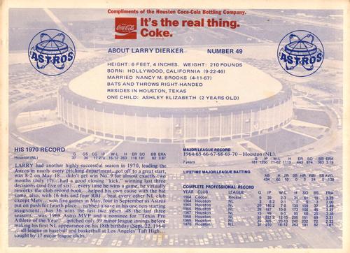 1971 Coca-Cola Houston Astros #NNO Larry Dierker Back