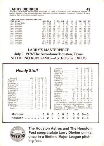 1976 Houston Post Larry Dierker #NNO Larry Dierker Back