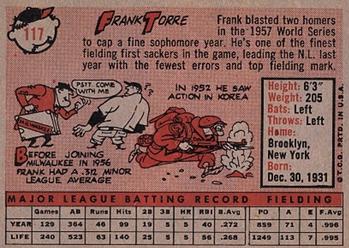 1958 Topps #117 Frank Torre Back