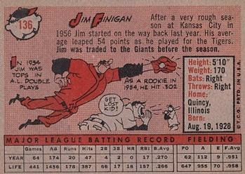 1958 Topps #136 Jim Finigan Back
