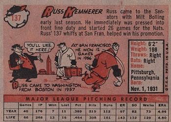1958 Topps #137 Russ Kemmerer Back