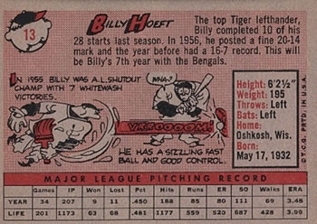 1958 Topps #13 Billy Hoeft Back
