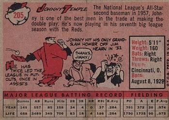 1958 Topps #205 Johnny Temple Back