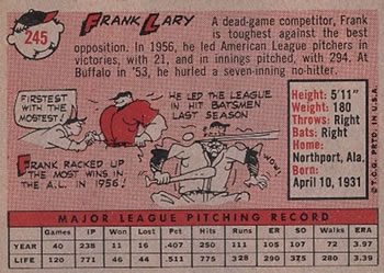 1958 Topps #245 Frank Lary Back
