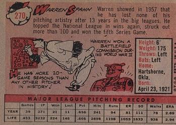 1958 Topps #270 Warren Spahn Back